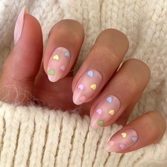 Sweet Love Theme Long Almond Pink Transparent Press-On Nail Set with Colorful Heart Designs