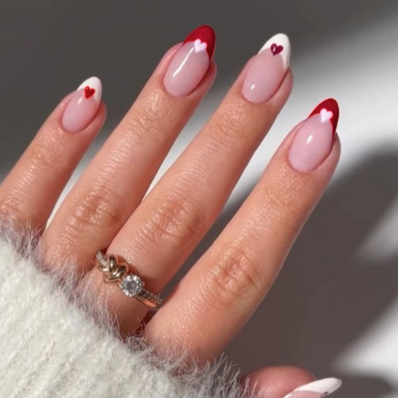 Romantic Elegance Long Almond Red and White Heart Accent Press On Nail Set