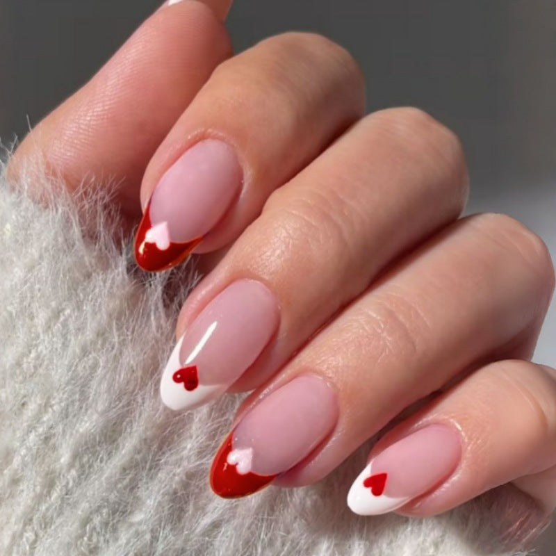 Romantic Affair Long Almond Shaped Pink and White Heart Accent Press On Nail Set