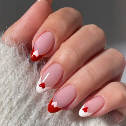 Romantic Affair Long Almond Shaped Pink and White Heart Accent Press On Nail Set