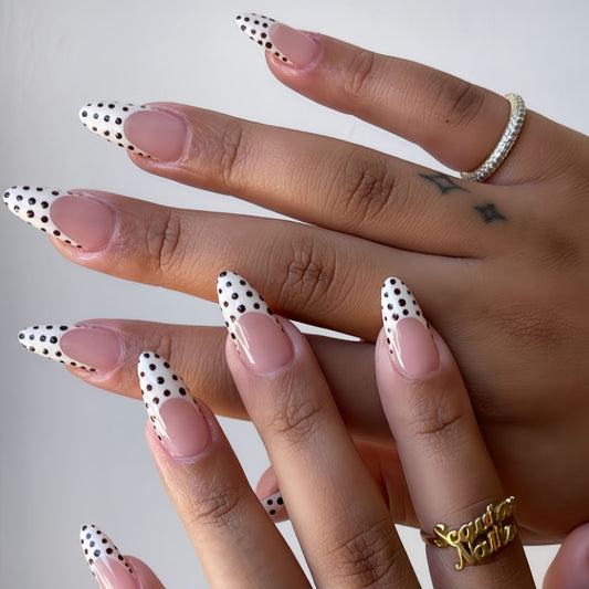 Chic Monochrome Elegant Long Almond Shaped Beige and White Polka Dot Press On Nail Set