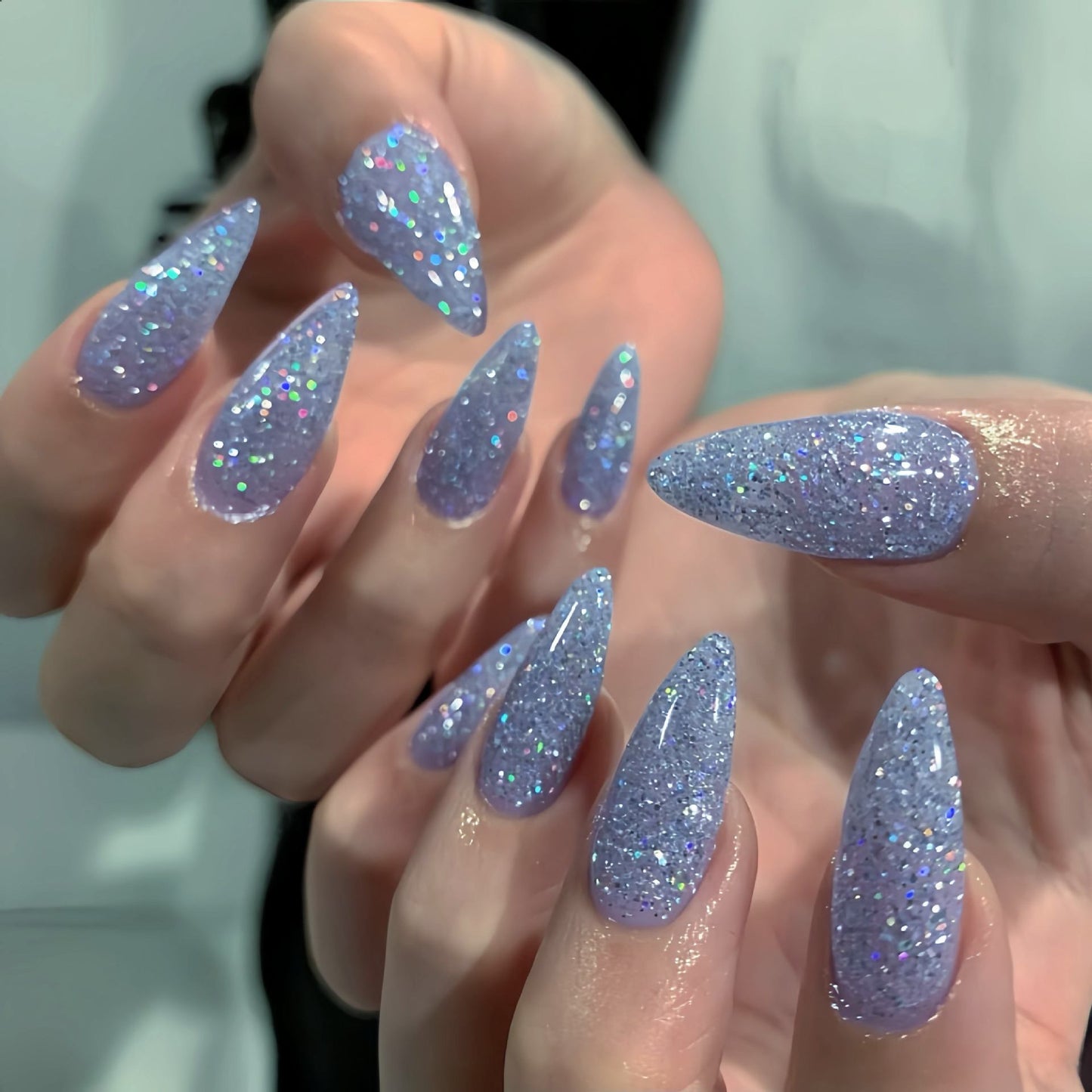 Celestial Glamour Long Stiletto Shaped Sparkling Lilac Press On Nail Set with Iridescent Glitter Finish