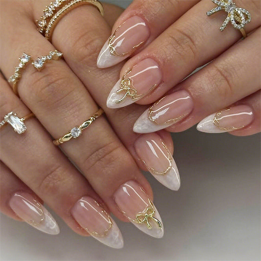Elegant Charm Long Stiletto Press On Nail Set Clear and White Ombre with Delicate Gold Bow Detail