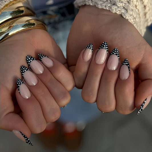 Chic Whimsy Long Almond Blush Pink Nails with Polka Dot Black French Tips