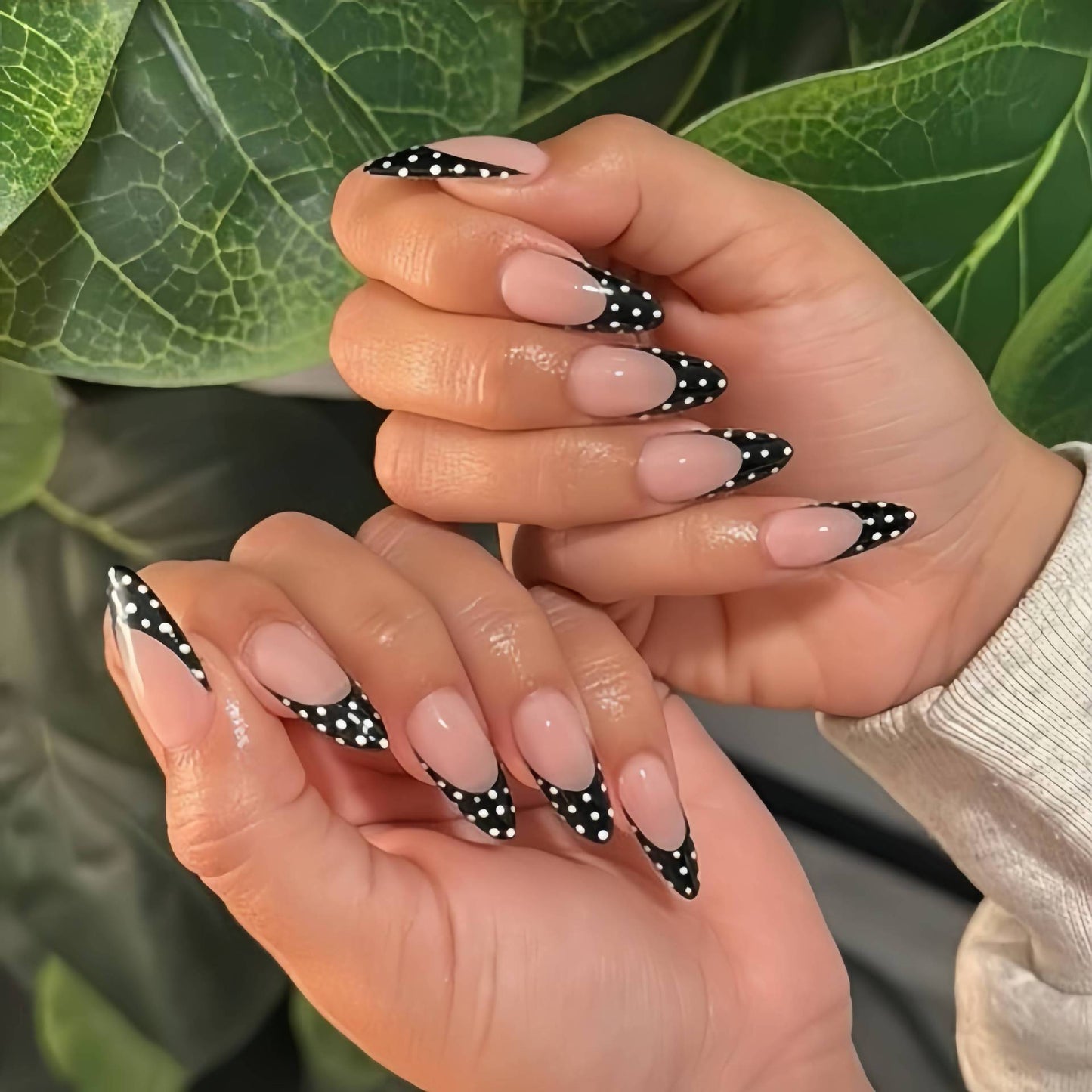 Chic Dotty Elegance Long Stiletto Black and White Polka Dot Pattern Press-On Nail Set