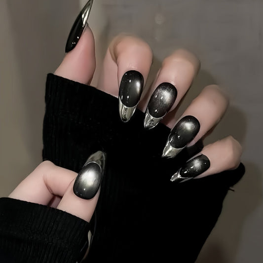 Mystical Elegance Long Stiletto Shaped Black with Silver Glitter Gradient Press-On Nail Set