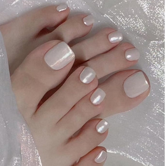 Iridescent Elegance Short Square Glossy White Press On Nail Set with a Shimmering Finish