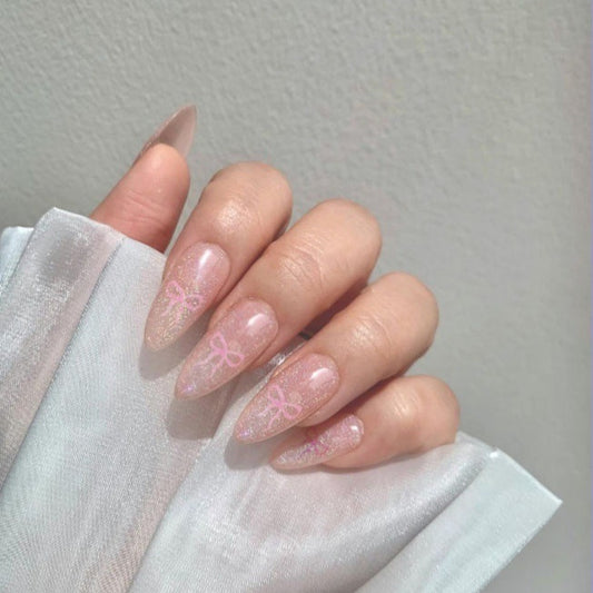 Charming Fairy Tale Long Almond Pink Glitter Press On Nail Set with Bow Design