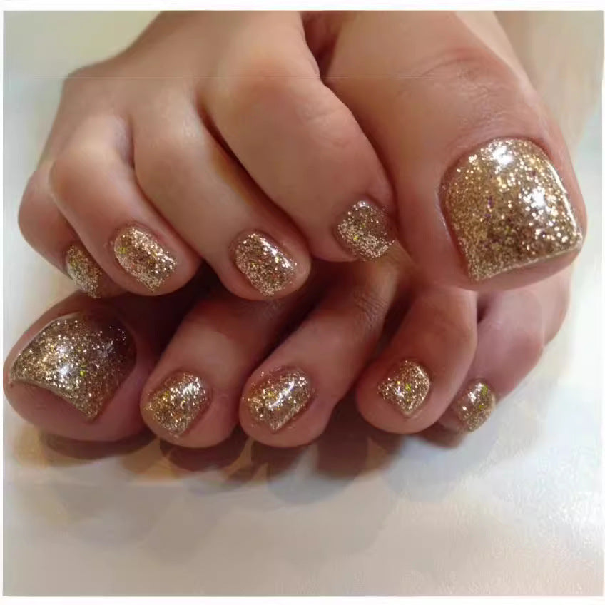 Glamorous Golden Glitter Square Press On Nails Set Short Length For Effortless Sparkle and Shine