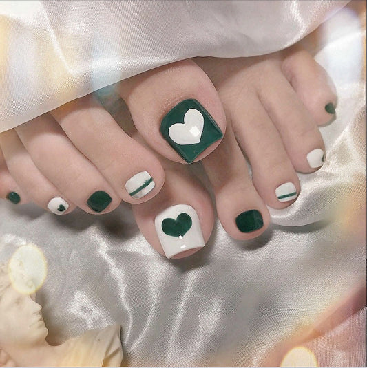 Charming Hearts Square Green and White Press On Short Nail Set with Glossy Heart Details and Artistic Designs
