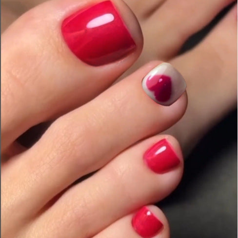 Romantic Heartbeat Short Square Red Press On Nail Set with Unique Heart Accent Design