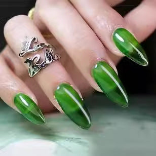Enchanting Forest Dream Long Almond Press On Nails Vibrant Green Glossy Finish with Unique Ombre Effect