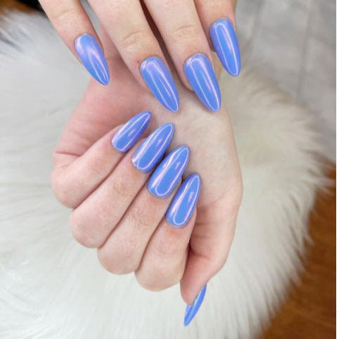 Dreamy Ocean Vibe Long Almond Shaped Glossy Light Blue Press On Nail Set with Iridescent Finish