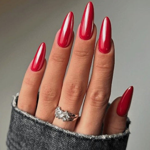 Glamorous Red Almond Long Pointed Press On Nail Set with Shiny Finish and Elegant Glossy Texture
