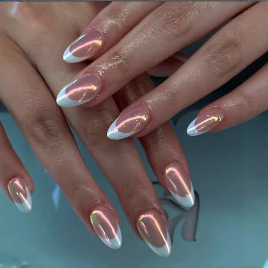 Glamorous Enchantment Long Almond Shaped Iridescent Pink and White Press On Nail Set with Unique Shimmer Finish