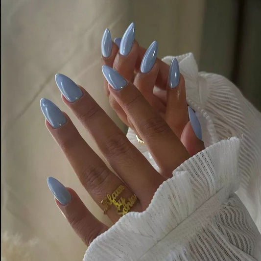 Dreamy Ocean Vibes Long Almond Shaped Sky Blue Press On Nail Set with High Gloss Finish