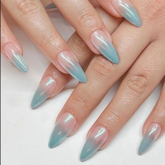 Ocean Breeze Long Almond Ombre Press On Nail Set Mint Blue Gradient with Iridescent Finish