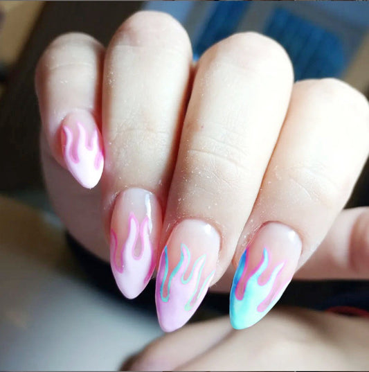 Flame Inspired Long Almond Press On Nail Set in Pink and Blue with Watercolor Flame Design