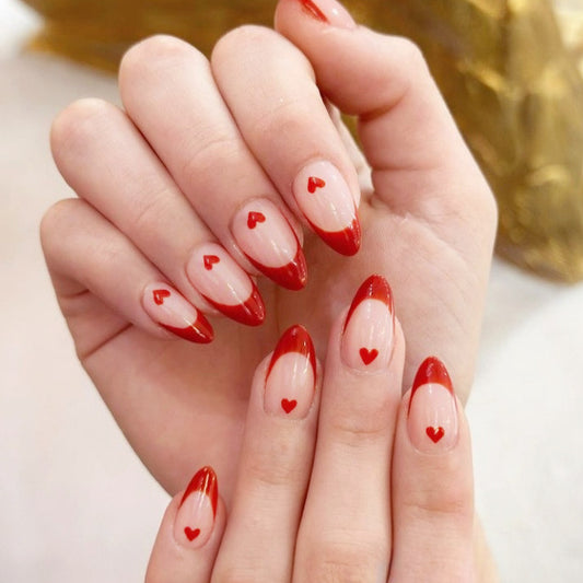 Romantic Heartfelt Fashion Long Almond Red Gradient Press On Nail Set with Charming Heart Accents