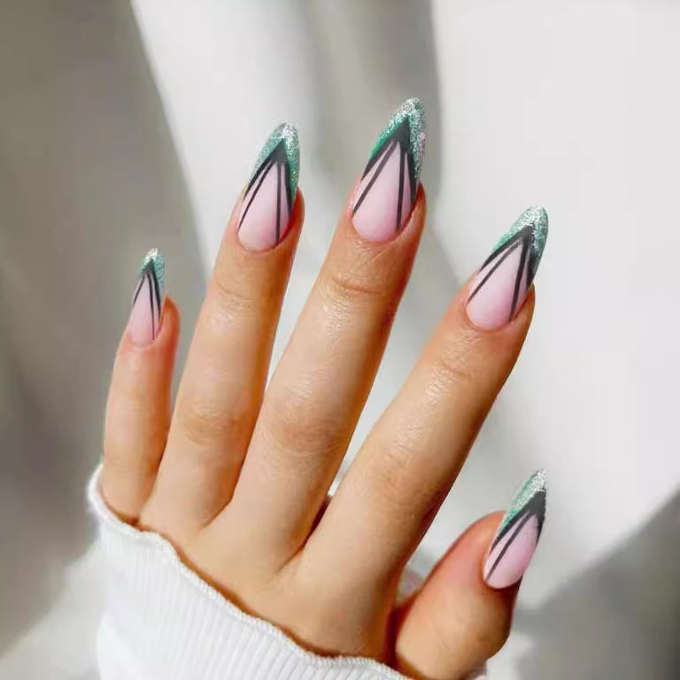 Geometric Chic Long Almond Pink and Green Glitter Press On Nails with Black Line Art