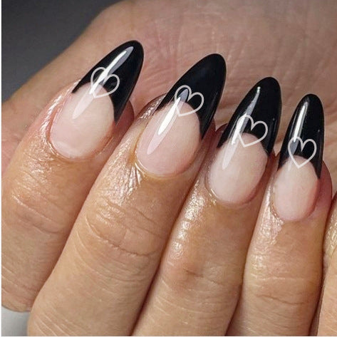 Gothic Romance Long Almond Press On Nail Set Black and Clear with Heart Designs