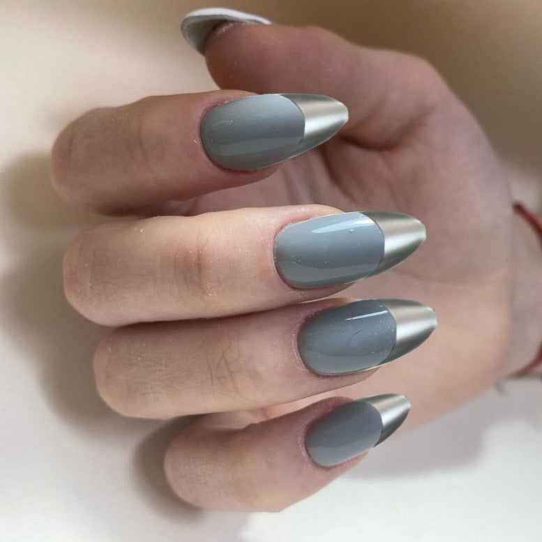 Chic Urban Glam Long Almond Gray Press On Nail Set with Metallic Tips for Trendy Style