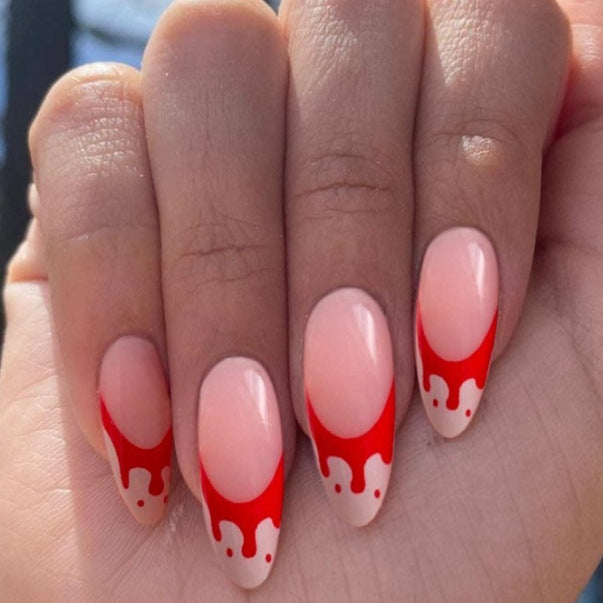 Halloween Blood Drip Long Almond Shaped Pink and Red Press On Nail Set with Dripping Design