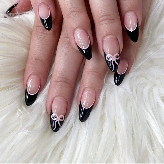 Elegant Noir Glamour Almond Press On Nail Set Long Black and Clear with Delicate Pink Bow Design