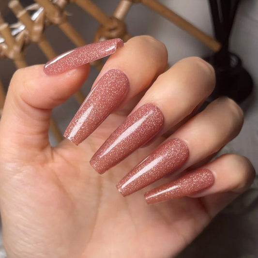 Rose Gold Stardust Extra Long Coffin Shaped Sparkle Press-On Nail Set