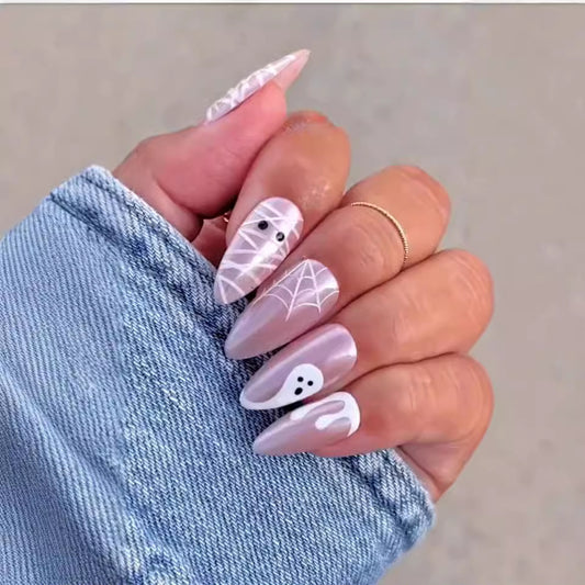 Spooky Elegance Long Almond Pink Nail Set with Ghost and Spider Web Design