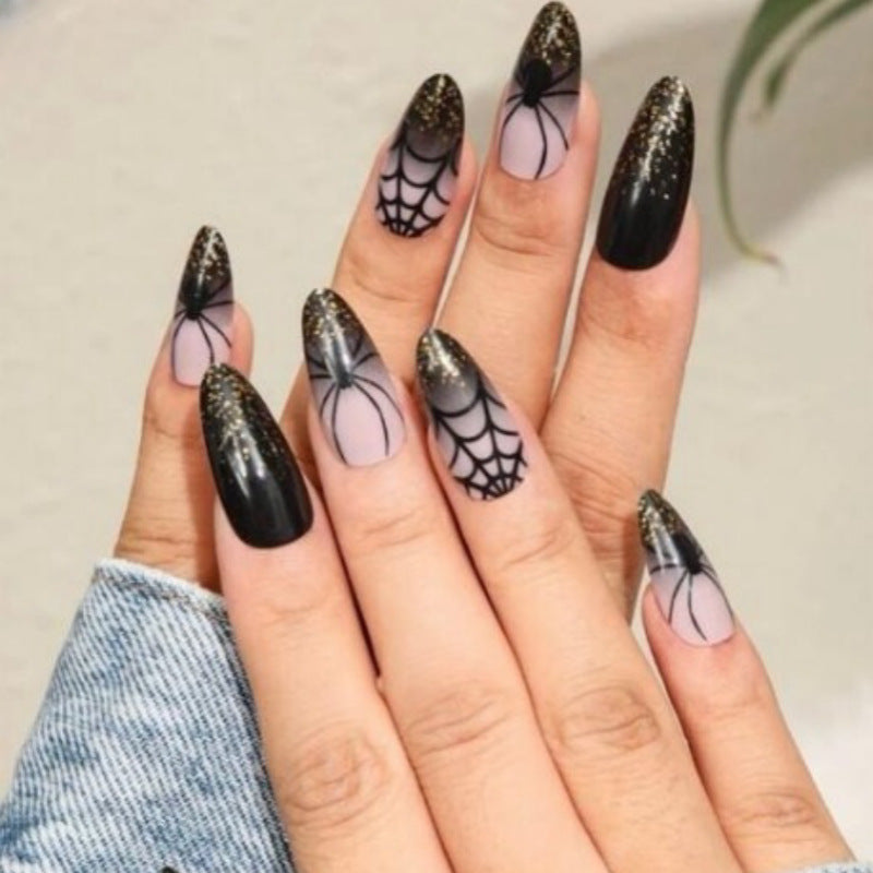 Spooky Elegance Long Almond Black and Transparent Press On Nail Set with Glitter Spider Web Design