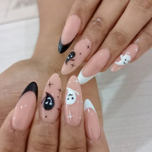 Spooky Enchantment Long Almond Peach and Black Press On Nails with Ghost and Moon Designs