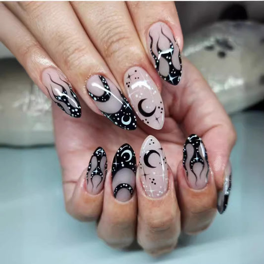 Mystical Night Black and Beige Almond Press On Long Nail Set with Celestial Designs