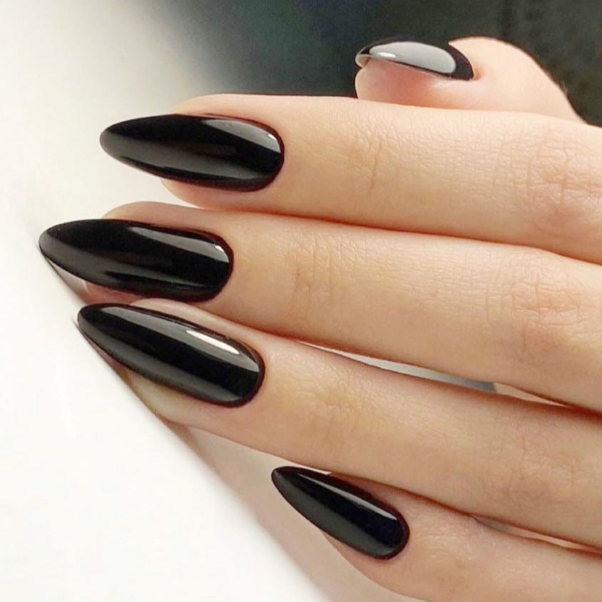 Midnight Elegance Long Almond Glossy Black Press On Nail Set with High Shine Finish