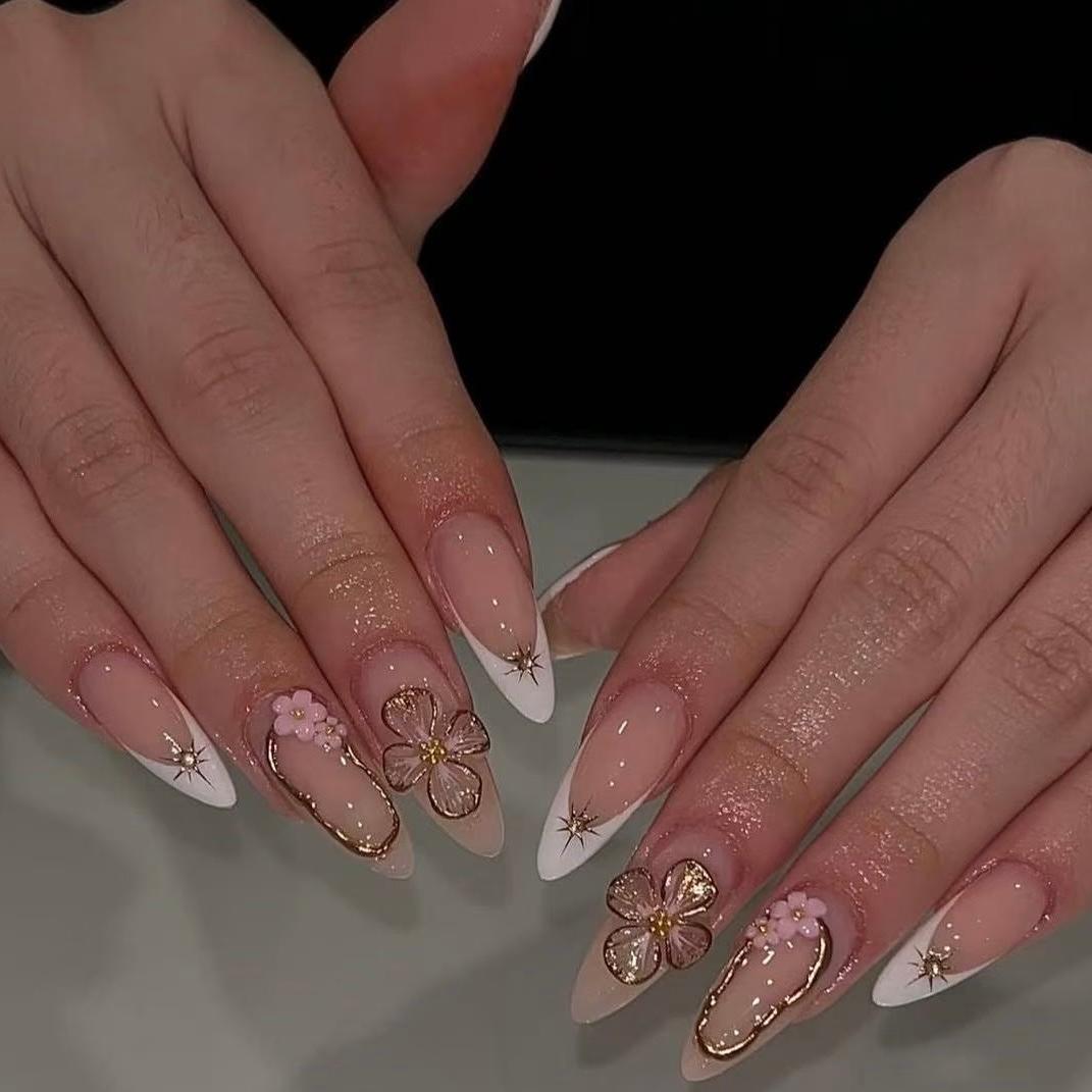 Blooming Elegance Long Almond Pink White with Floral Accents and Golden Detailing Press On Nail Set
