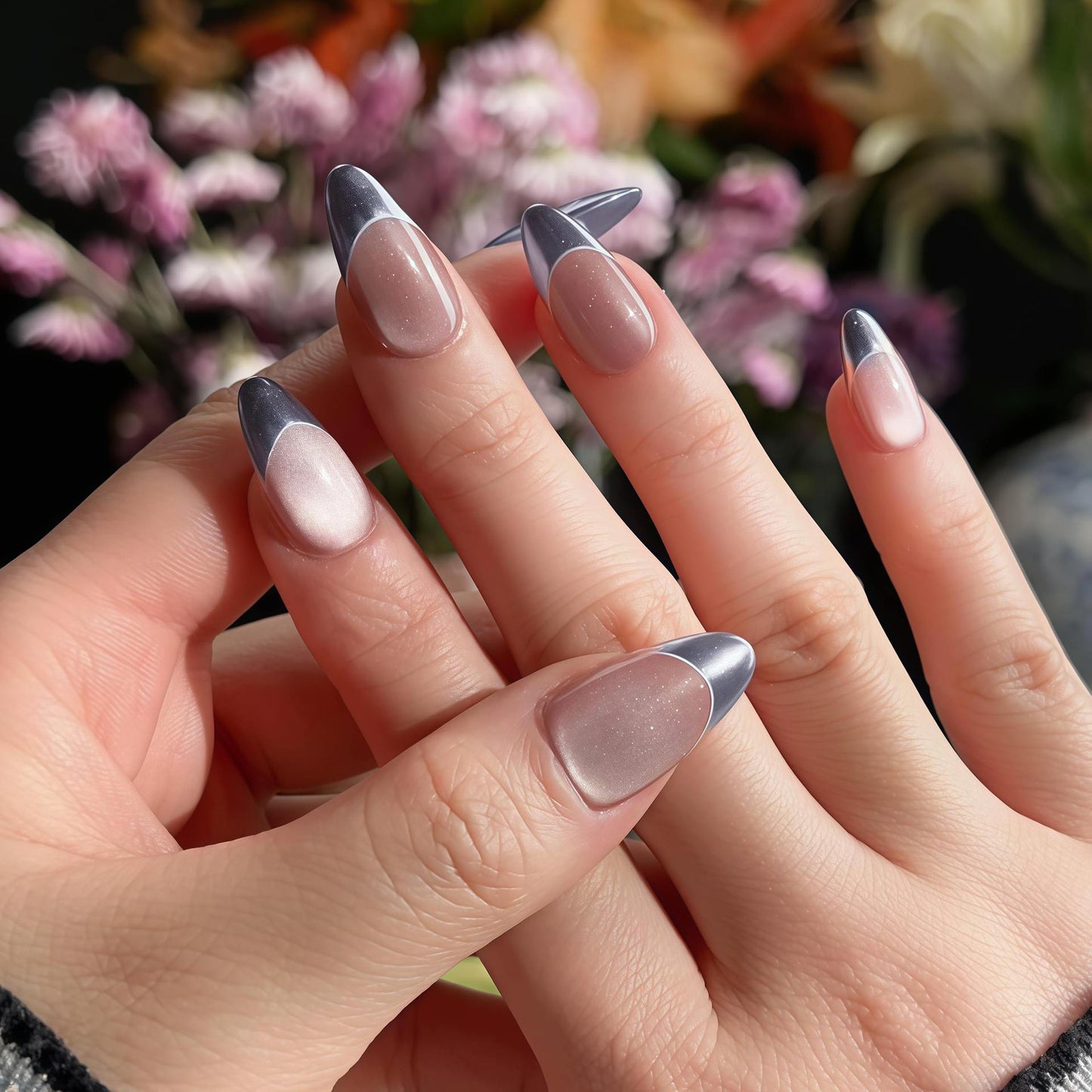 Enchanted Elegance Long Almond Ombre Pink and Silver Press On Nail Set with Shimmering Tip