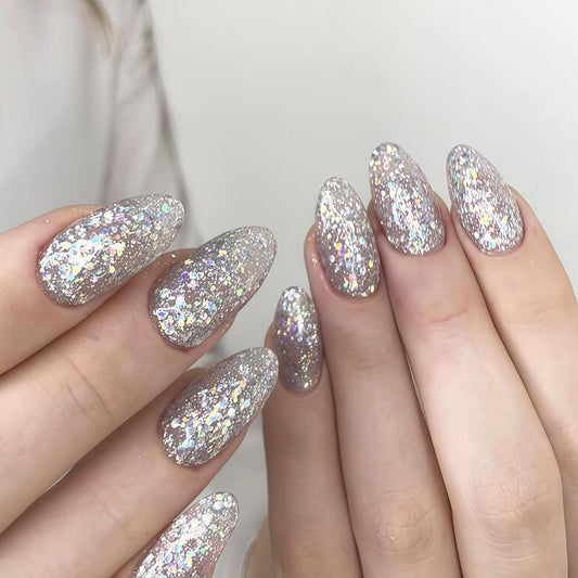 Enchanted Sparkle Long Almond Silver Glitter Press On Nail Set with Dazzling Holographic Shine