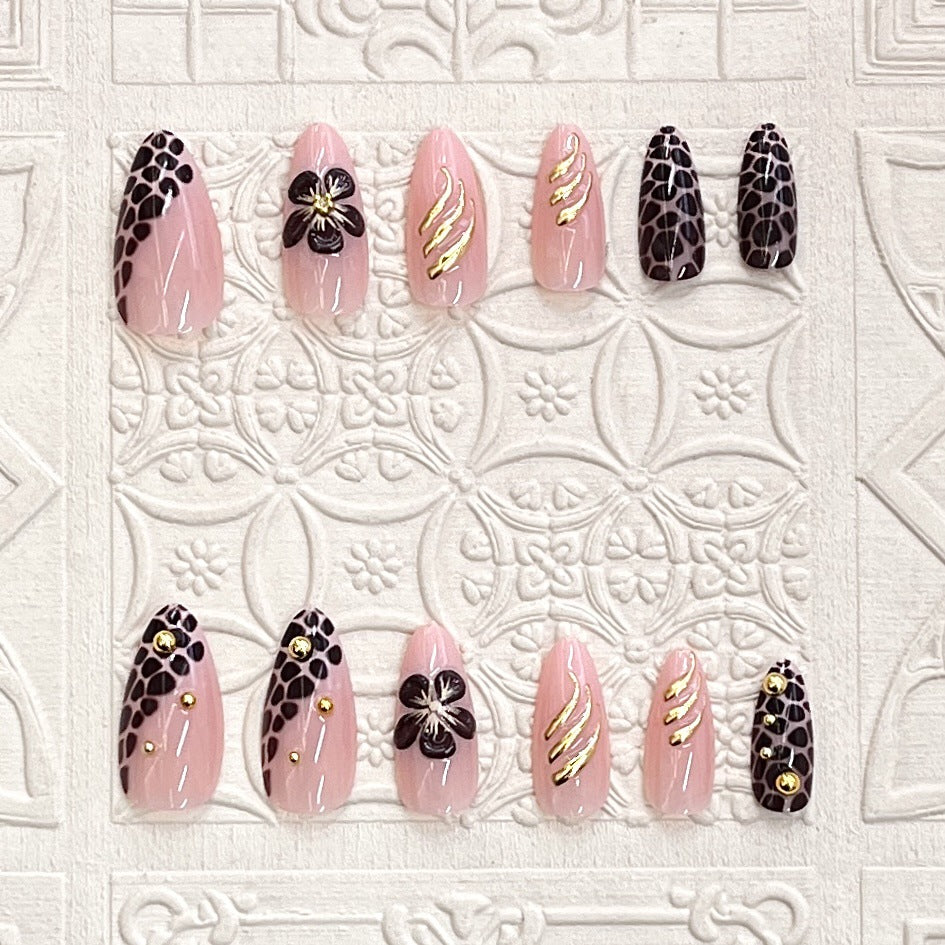 Wildflower Adventure Pink Long Almond Shape Glossy Finish with Floral Accents and Gold Swirls Press-On Nail Set