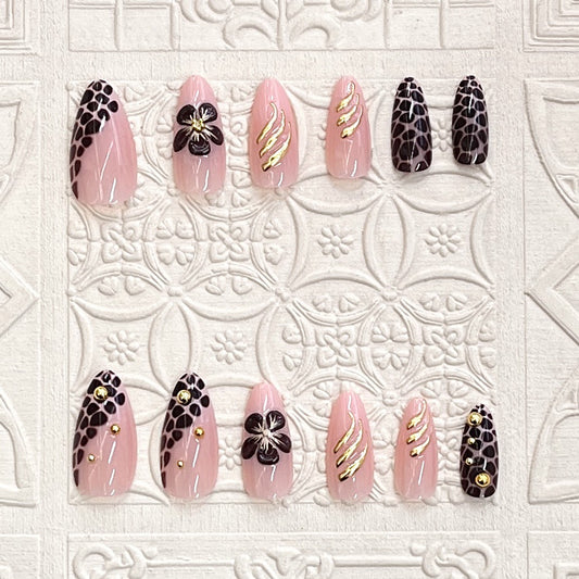 Wildflower Adventure Pink Long Almond Shape Glossy Finish with Floral Accents and Gold Swirls Press-On Nail Set