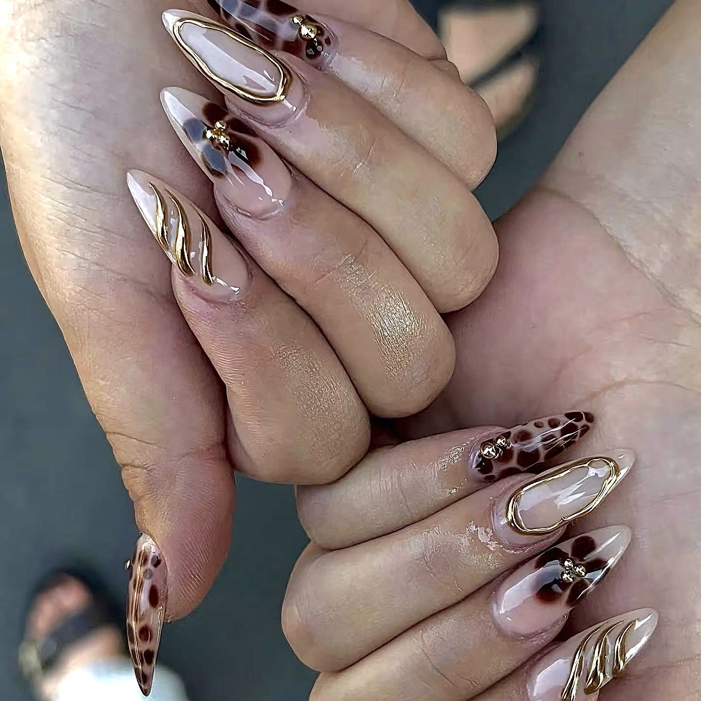 Bohemian Dream Sophisticated Long Almond Tortoise Shell Brown with Elegant Gold Accents Press On Nail Set