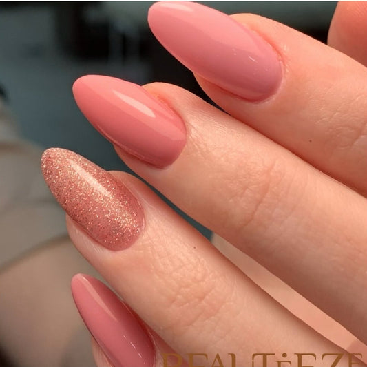 Glamorous Sunset Inspired Long Almond Pink Press On Nail Set with Sparkling Accent Nail