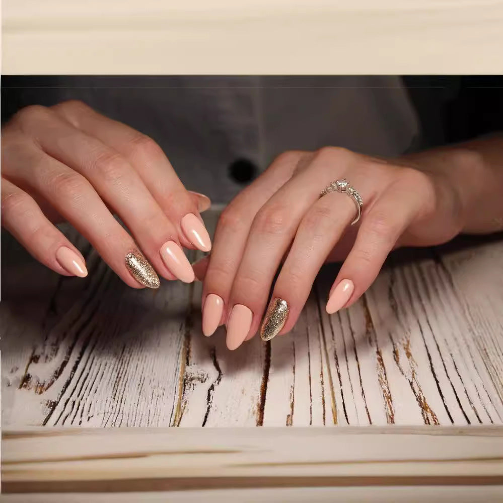 Glamorous Desert Sunset Long Almond Pink and Gold Glitter Press On Nail Set