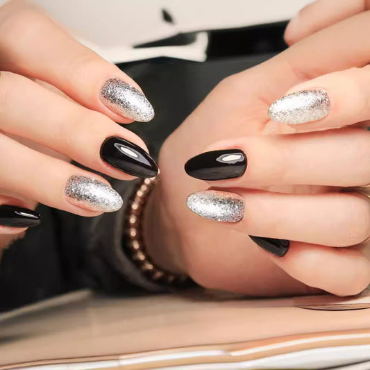 Mystic Night Long Almond Black and Silver Glitter Press on Nail Set with Glossy & Textured Finish