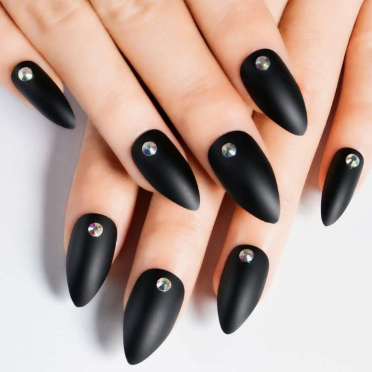 Gothic Glamour Long Stiletto Black Press On Nail Set with Sparkling Gem Accents