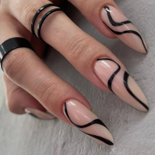 Chic Elegance Long Almond Beige Gradient Press On Nail Set with Sleek Black Swirls