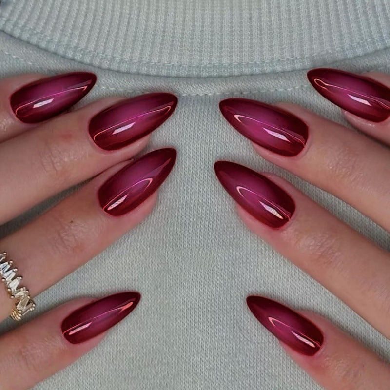 Glamorous Elegance Long Almond Shaped Glossy Deep Red Press On Nail Set