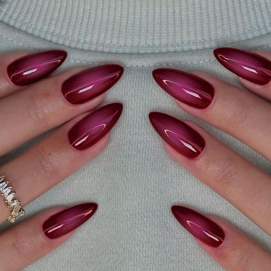 Glamorous Elegance Long Almond Shaped Glossy Deep Red Press On Nail Set