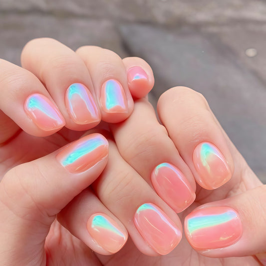 Dreamy Sunset Press-On Nails in Medium Square Shape with Flawless Pink Hue and Iridescent Shine