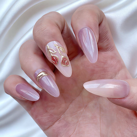 Elegant Blossom Long Almond Pink With Stunning Gold Floral Accent Press On Nail Set