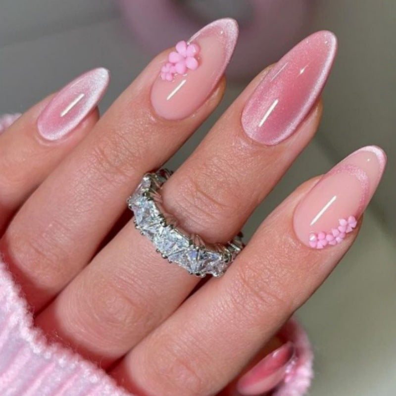 Blossom Elegance Long Almond Pink Ombre Press On Nails with Delicate Floral Accents